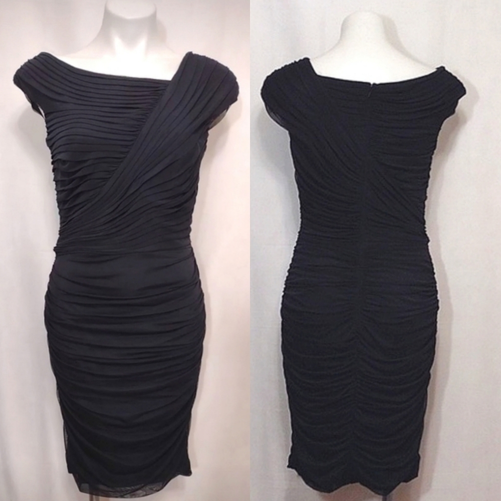 Tadashi Shoji Black Ruched Chiffon Bodycon Cocktail Party Dress Medium Elegant
